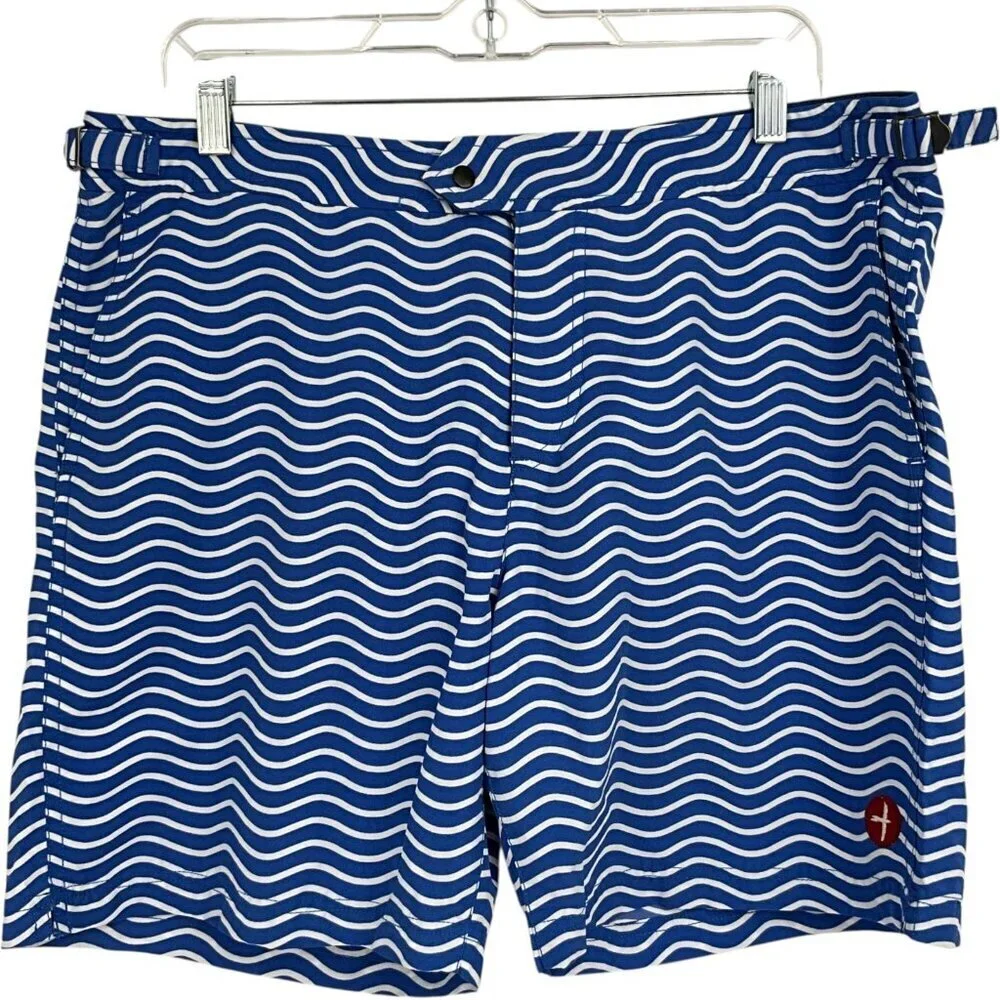 Relwen Swim Trunks Shorts Blue White Wave Size L Mesh Liner Adjustable Waist